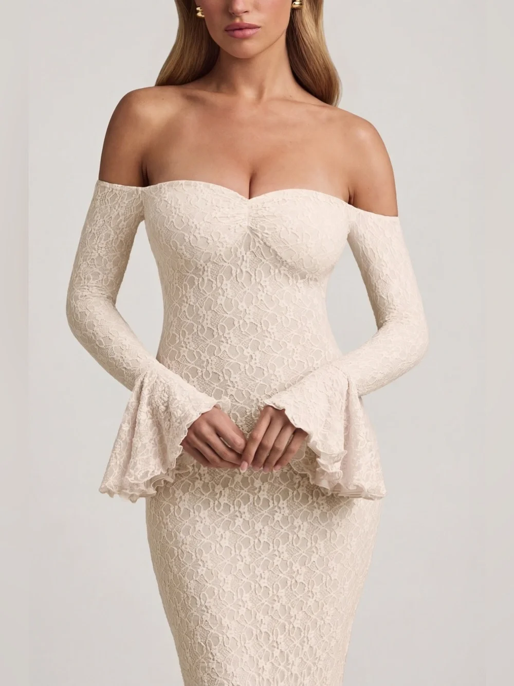 NEW Oh Polly Verena Ivory Off-Shoulder Ruffle Lace Mermaid Bodycon Maxi Dress XS - Picture 8 of 10